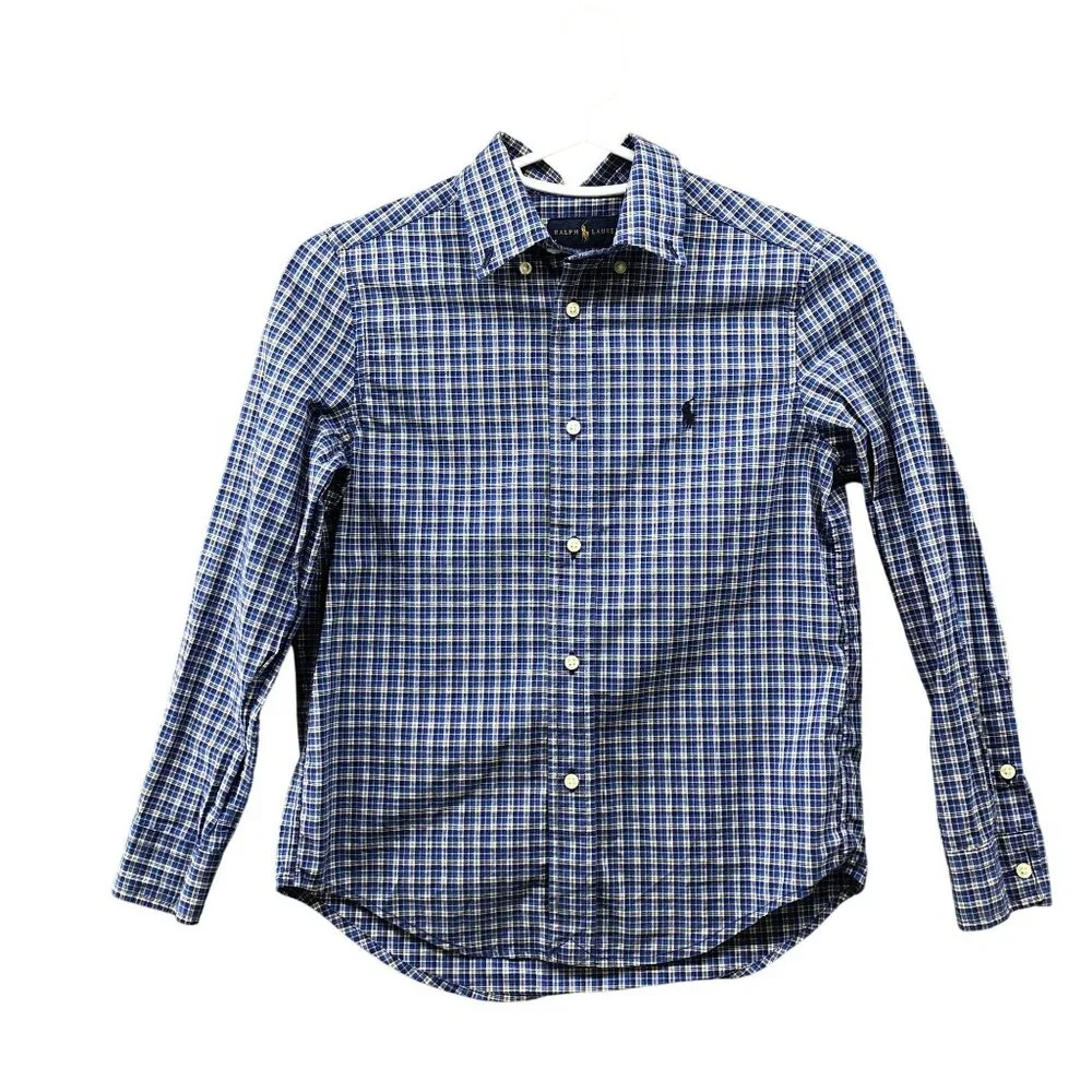 Ralph Lauren Boys Size 7 Long Sleeve Shirt Blue Plaid Natural Stretch Cotton